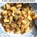 A Sicilian potato dish with olives and capers in a blue bowl. The text overlay reads: Sicilian Potato Salad - Easy, Helthy and Delicious.