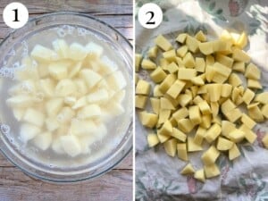 Two photos in a collage showing potatoes soaking in a bow and getting dried on a towel.