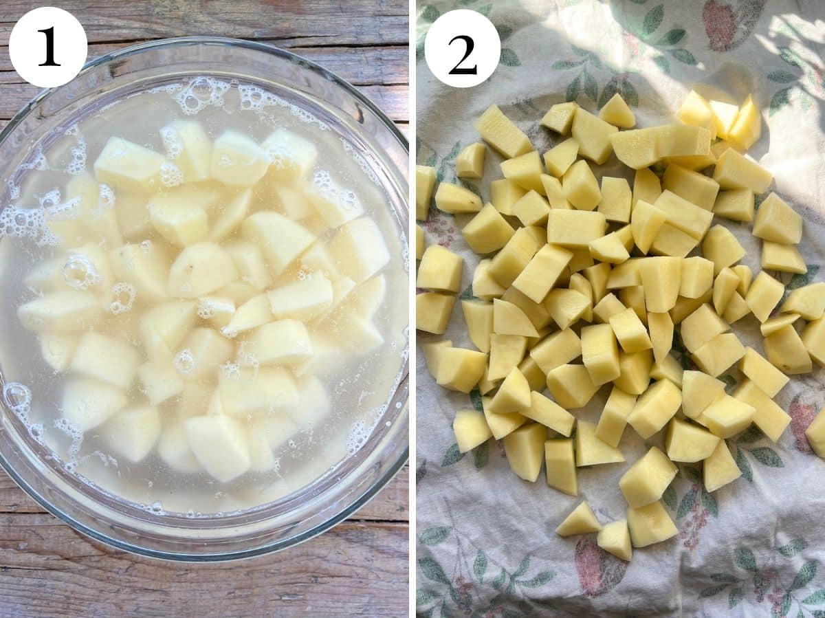 Two photos in a collage showing potatoes soaking in a bow and getting dried on a towel.