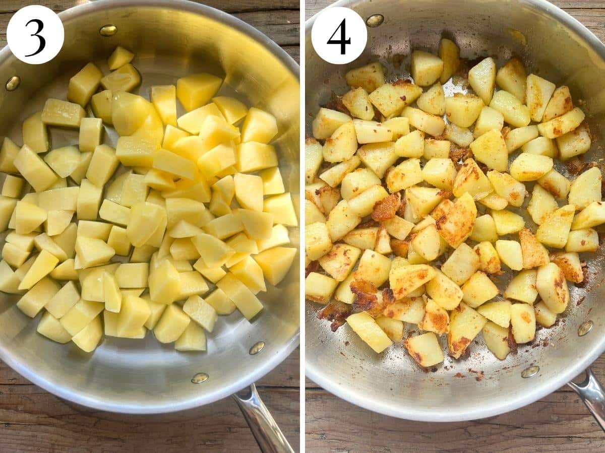 Two photos showing potatoes in a pan and slightly golden after cooking.