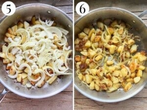 Two photos showing before and after cooking potatoes and onions.