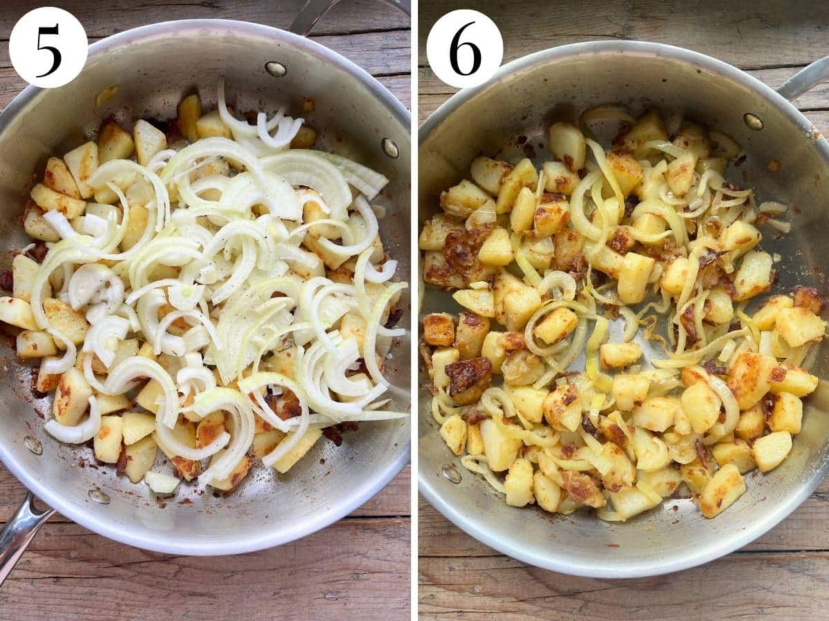 Two photos showing before and after cooking potatoes and onions.