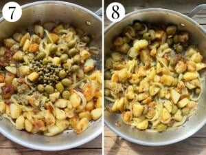 Two photos showing the before and after of adding capers, olives, oregano.