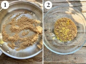 Two photos showing toasting breadcrumbs then mixing them with lemon zest.