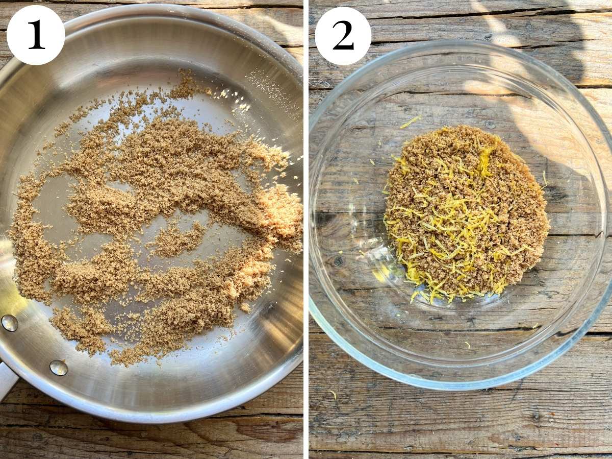Two photos showing toasting breadcrumbs then mixing them with lemon zest.