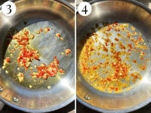 Two photos showing frying garlic and chilli in a pan then adding white wine.