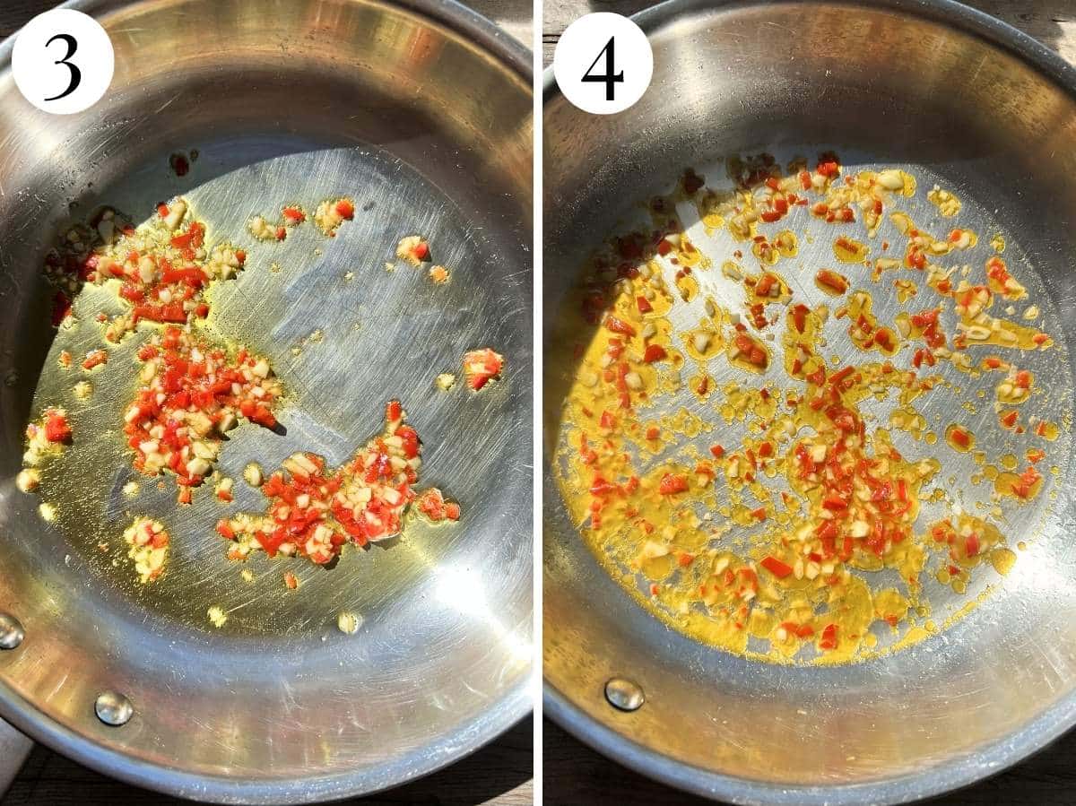 Two photos showing frying garlic and chilli in a pan then adding white wine.