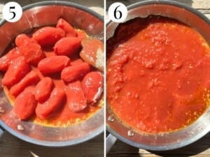 Two photos showing before and after of crushing plum tomatoes in a pan.