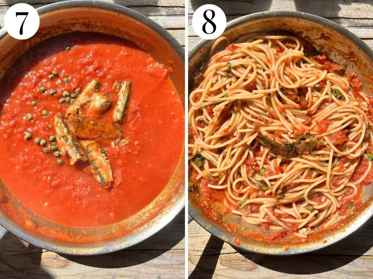 Two photos showing adding sardines and capers to tomato sauce then adding spaghetti.