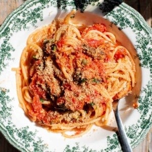 A close up of tomato sardine pasta topped with breadcrumbs.