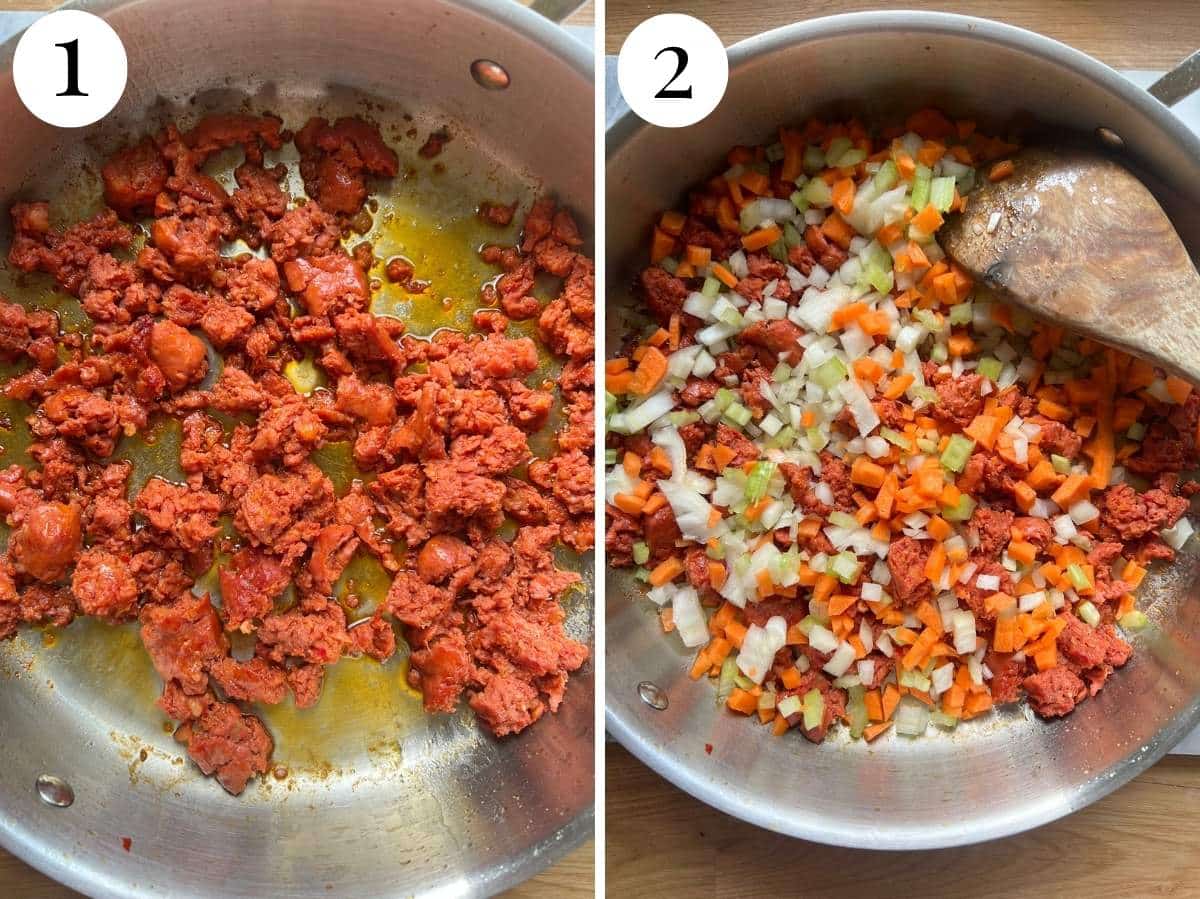 Two photos in a collage showing browned sausage meat and soffritto being added.