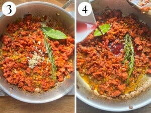 Two photos in a collage showing garlic and herbs being added to a ragu then wine.