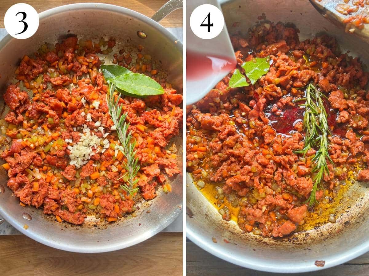 Two photos in a collage showing garlic and herbs being added to a ragu then wine.