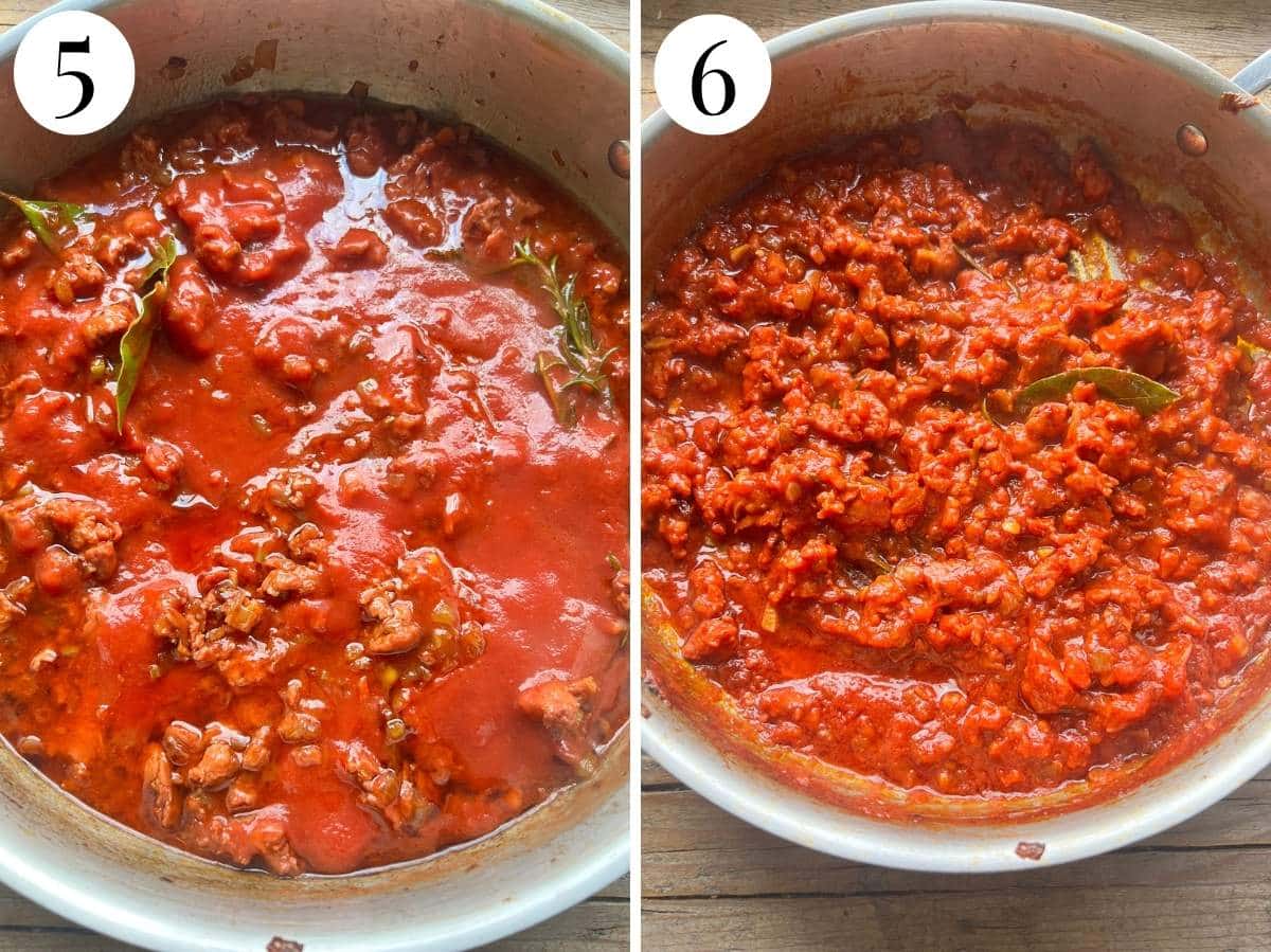 Two photos showing before and after simmering the ragu.