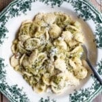 A cropped image showing orecchiette pasta with broccoli sauce in a green and white floral bowl.