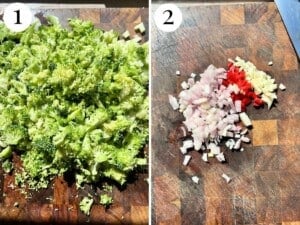 Two photos showing chopped broccoli, shallots, garlic and chilli.