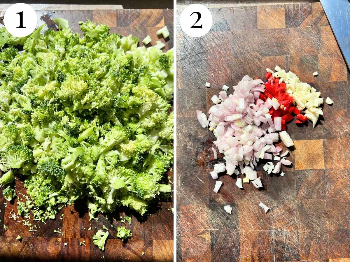 Two photos showing chopped broccoli, shallots, garlic and chilli.
