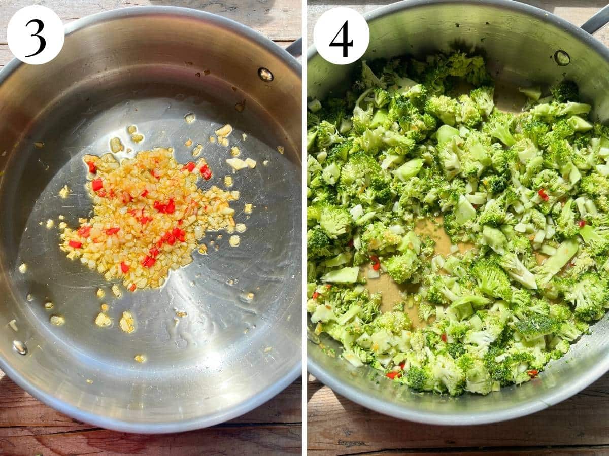 Two photos showing sauteed shallot, garlic and chilli and broccoli with stock.