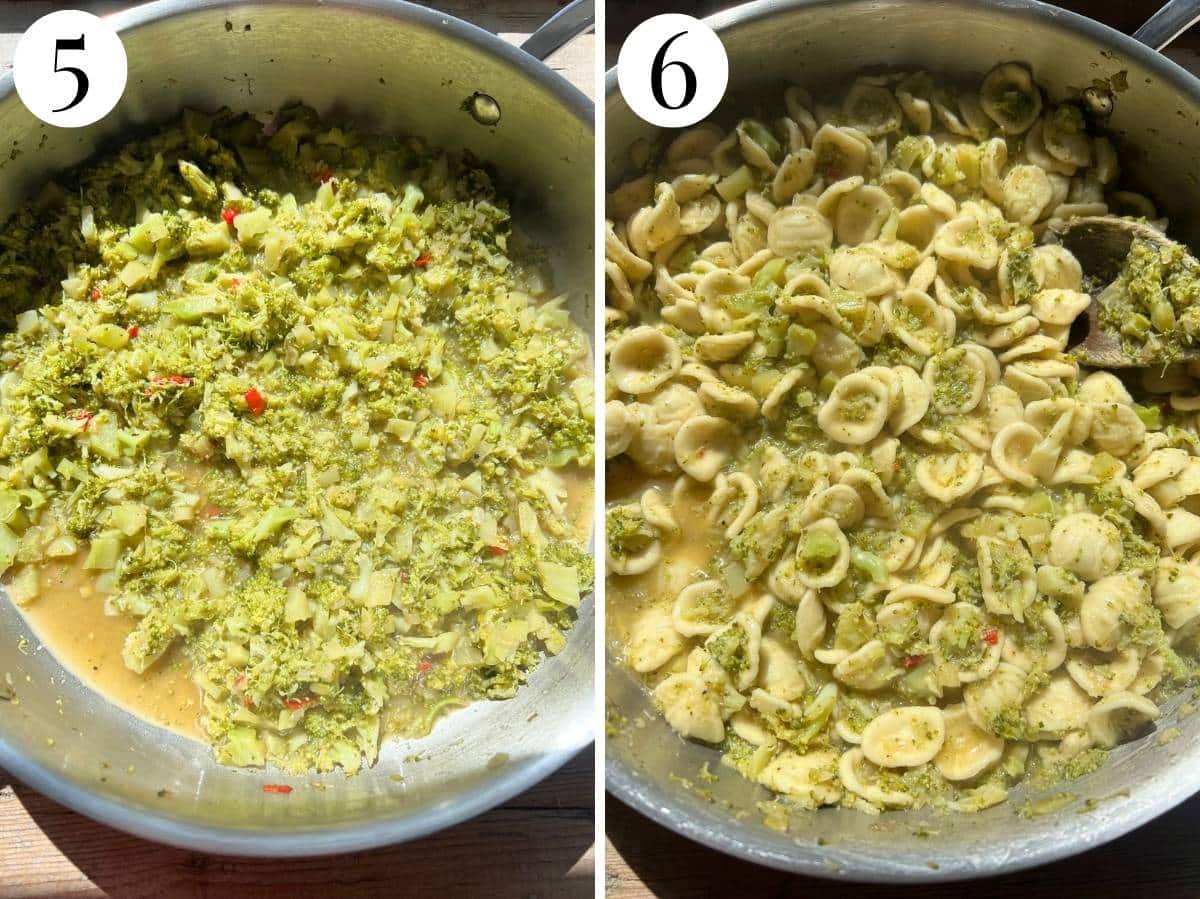 Two photos showing cooked broccoli sauce in. a pan and pasta added to it.