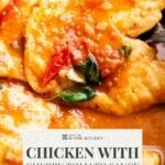 A pinterest graphic showing chicken cutlets in a tomato and basil sauce. The text overlay reads; Chicken with Cherry Tomato Sauce - get the recipe.