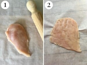 Two photos showing how to bash a chicken cutlet in parchment paper.