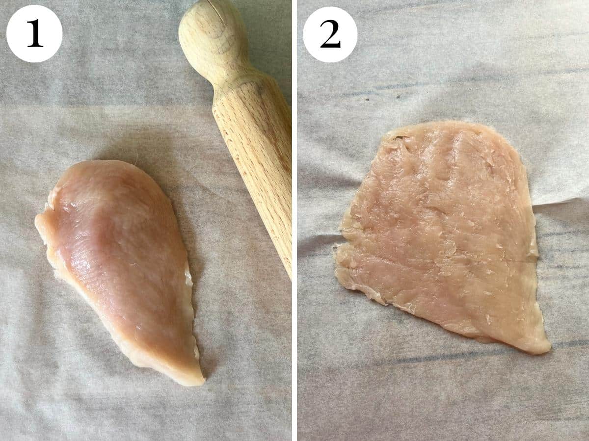 Two photos showing how to bash a chicken cutlet in parchment paper.