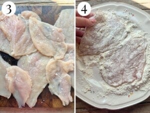 Two photos showing chicken seasoned with salt then dredged in flour.