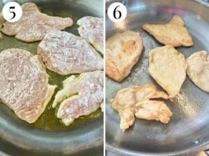 Two photos showing chicken getting cooked in a large pan.