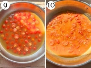 Two photos showing how to reduce a cherry tomato sauce.