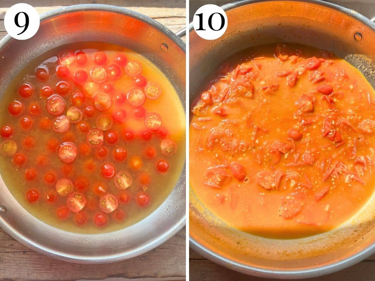 Two photos showing how to reduce a cherry tomato sauce.