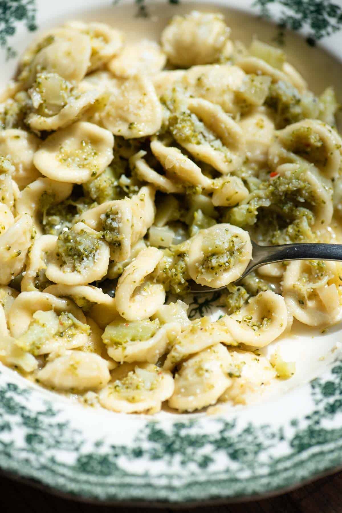A close up of orecchiette in a bowl with broccoli.