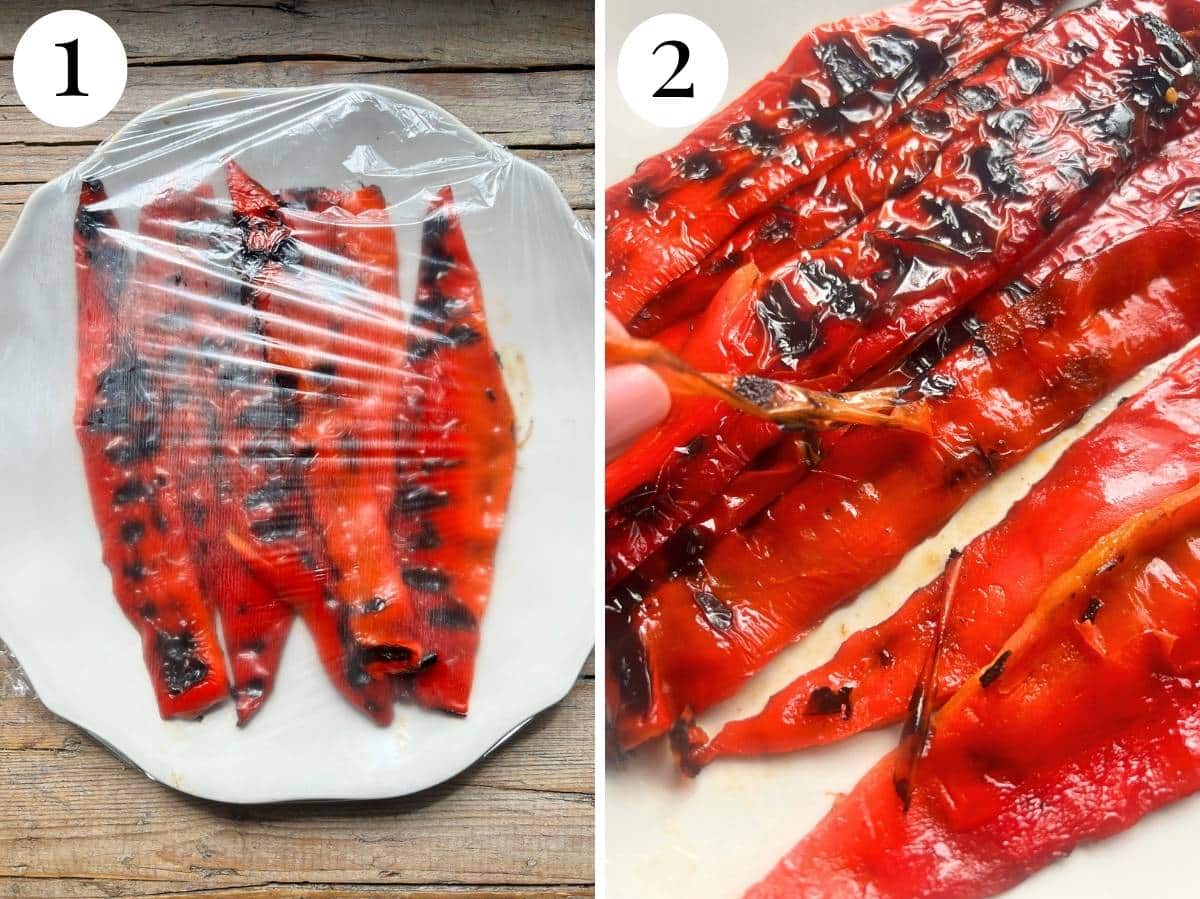 Two photos in a collage showing red peppers wrapped in plastic wrap and peeling the skin off.
