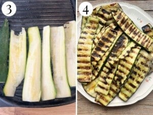 Two photos showing grilling zucchini and it charred on a plate.
