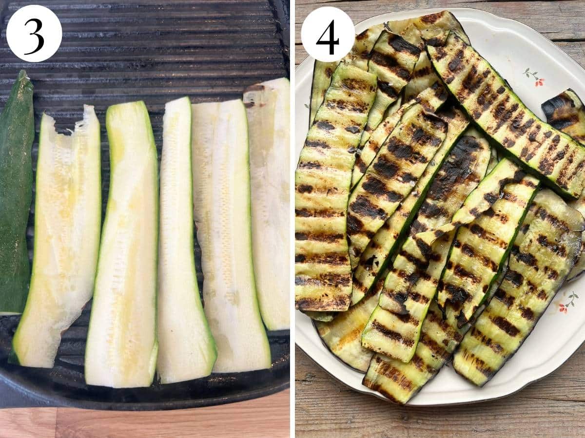 Two photos showing grilling zucchini and it charred on a plate.