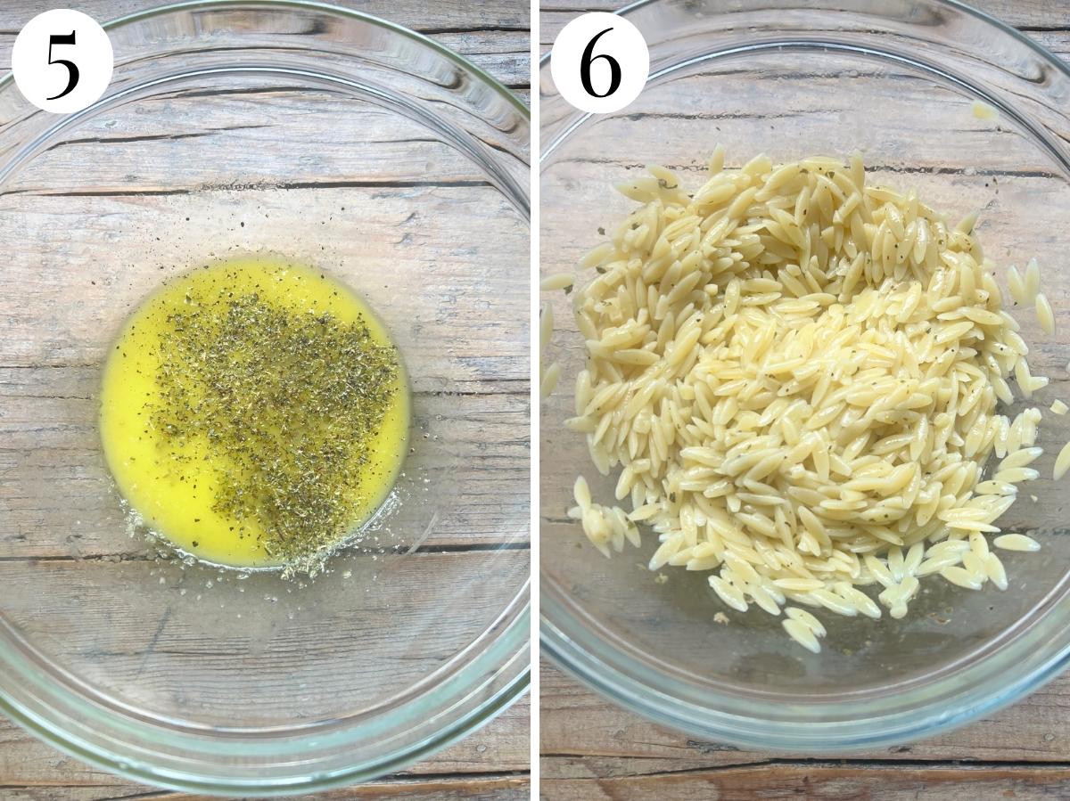 Two photos showing a dressing and orzo pasta being added.