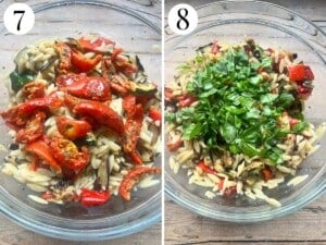 Two photos showing vegetables and herbs getting added to an orzo pasta salad.