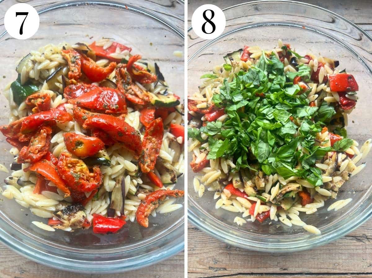 Two photos showing vegetables and herbs getting added to an orzo pasta salad.
