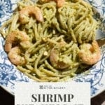 A pinterest graphic showing shrimp and pistachio spaghetti in a bowl. The text overlay reads Shrimp and pistachio pasta - Sicilian recipe.