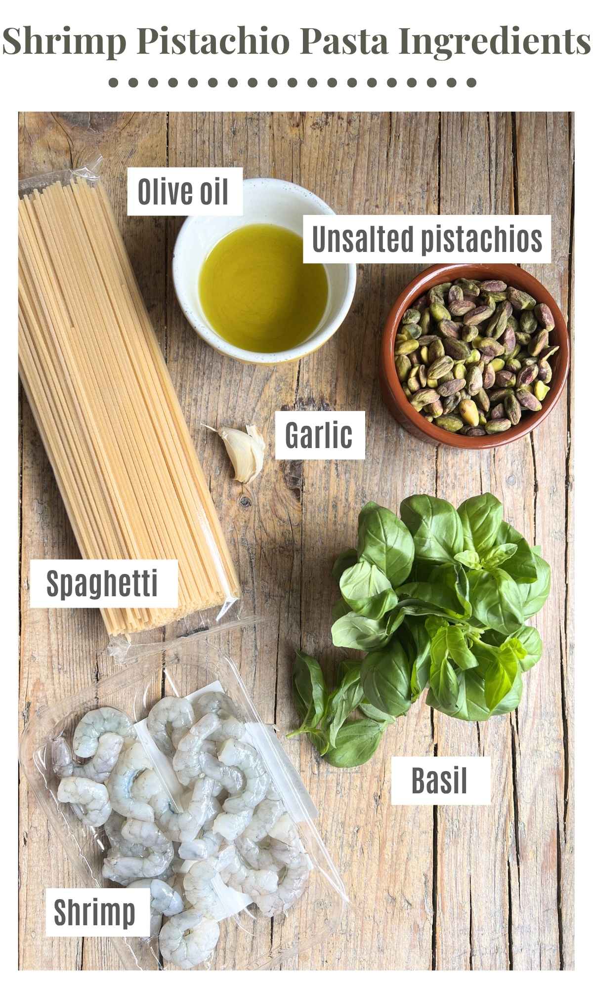 An overhead shot of all the ingredients needed to make Sicilian pistachio shrimp pasta.
