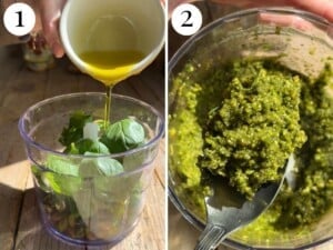 Two photos in a collage showing how to make pistachio pesto.