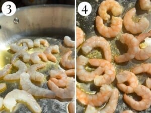 Two photos showing before and after cooking shrimp in a pan.