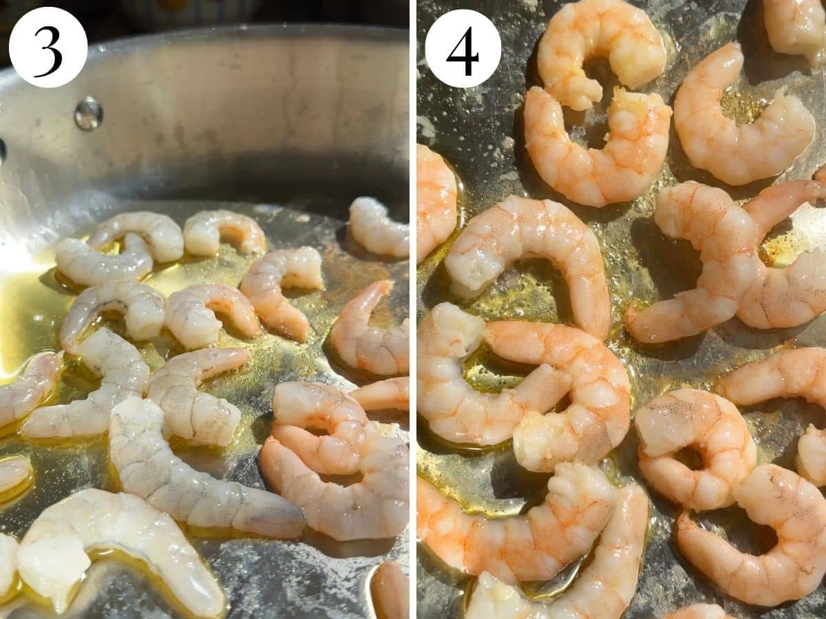 Two photos showing before and after cooking shrimp in a pan.