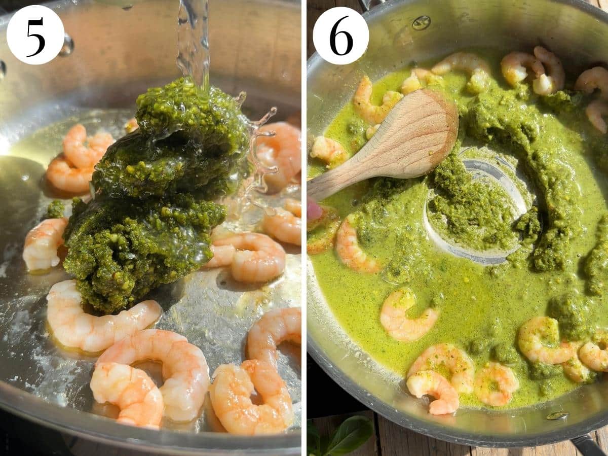 Two photos showing how to add pasta water and pistachio pesto to the shrimp to make a sauce.