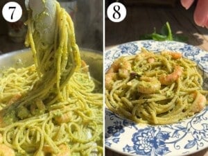 Two photos in a collage showing how to add spaghetti to pistachio and shrimp sauce.