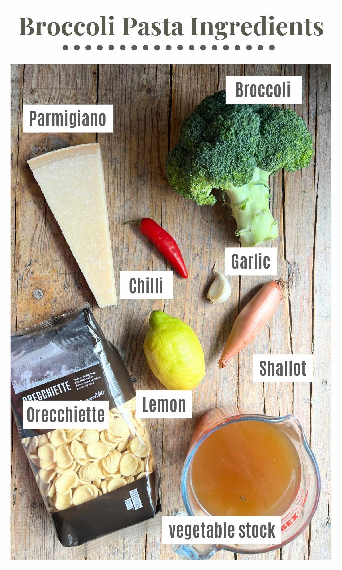 An overhead shot of all the ingredients needed to make a simple broccoli pasta with garlic and chilli.