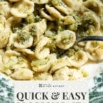 A pinterest graphic showing a close up of orecchiette pasta with broccoli sauce. The text overlay reads; Quick and Easy broccoli Pasta - Get The Recipe.