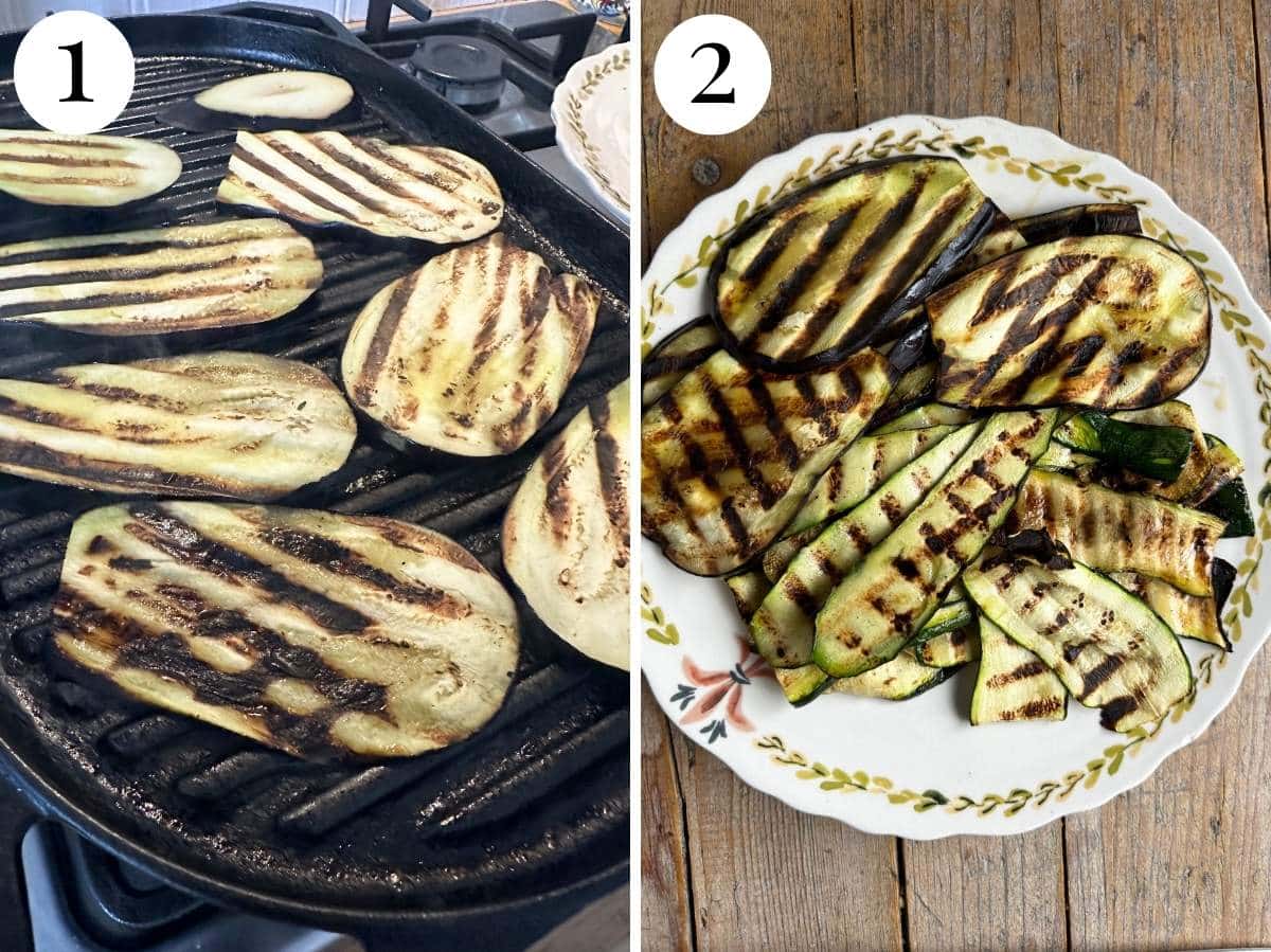 Two photos in a collage showing grilled zucchini and eggpalnt.