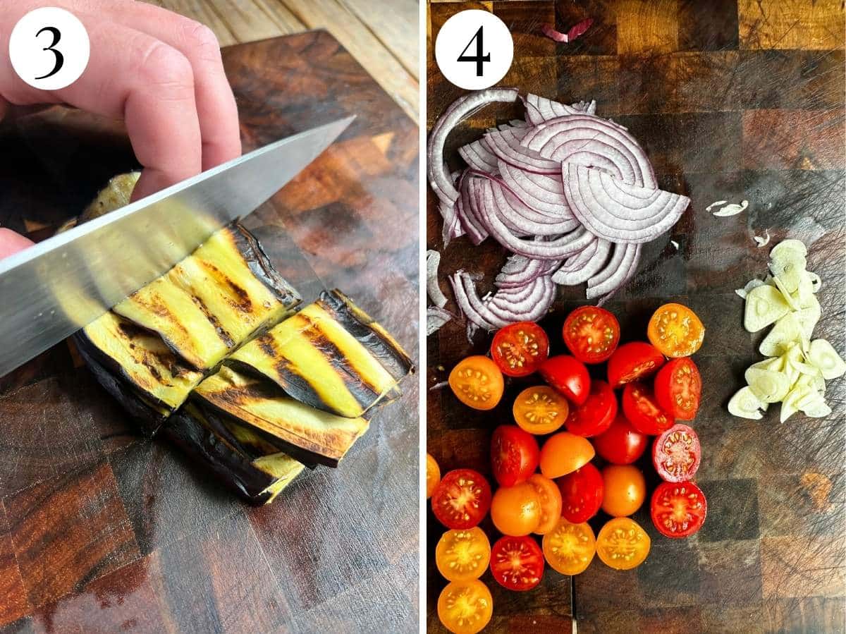 Two photos in a collage showing sliced grilled veg, tomatoes and red onion.