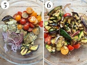 Two photos showing before and after of mixing the marinated veg.