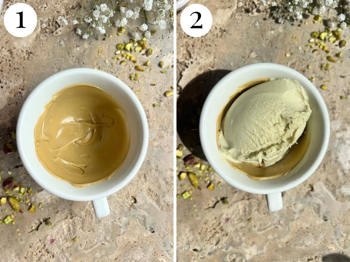 Two photos showing a cup with pistachio cream spread inside and then filled with ice cream.